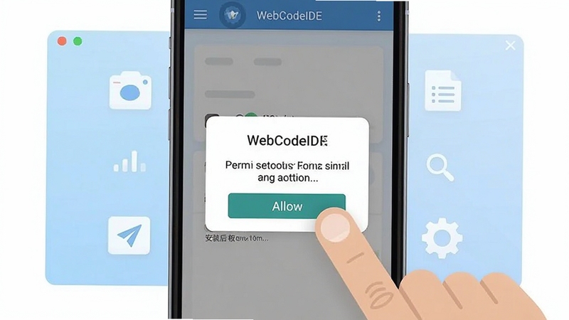 �ֻ���Ļ��ʾ WebCodeIDE ��Ȩ����������ҳ�棬�Ա�����ָ���������ť�Ķ���ʾ�⣬����Ϊǳ��ɫ��������ͼ��Ԫ�أ���������ΪȨ�޵�������ָ�������������׳��㣬����ƽ����ͻ����װ��Ȩ�����õĹؼ�����