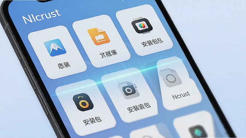 一部手机屏幕显示Ncrust文件分类界面,图片、文档、安装包等分类卡片整齐排列,背景为淡蓝色渐变,画面中央有扫描光束效果,风格科技简约,含Ncrust字样