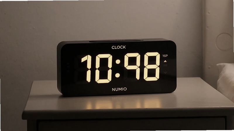 Clock by Numio 全屏常亮时钟摆放在床头柜上,夜间环境,暖色数字显示,画面安静简约