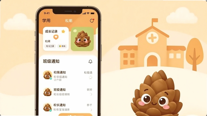 整体画面以温暖明亮的暖色调呈现,画面中央偏左位置放置一部竖屏智能手机,手机屏幕上显示松果宝宝应用的主界面,界面中包含成长记录卡片、班级通知列表与卡通松果吉祥物图标;手机右侧背景区域为柔和的浅橙色与米白色渐变,点缀抽象的幼儿园建筑剪影、树木与云朵元素;画面右下角放置一个圆润可爱的松果卡通形象作为视觉焦点;整体风格为扁平化插画,线条简洁,光影柔和,适合移动应用宣传场景