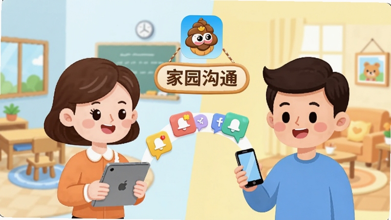 画面主体为两位卡通人物,一位是手持平板的幼儿园教师形象,另一位是拿着手机的家长形象,两人之间以一条由彩色气泡和通知图标组成的弧线连接,象征信息即时传递;背景为浅蓝色与淡黄色的柔和分区,左侧背景区域绘制简化的教室场景,右侧背景区域绘制家庭客厅场景;画面中央上方悬浮松果宝宝应用图标与「家园沟通」字样的装饰牌;整体风格为清新扁平插画,色彩明快,细节丰富