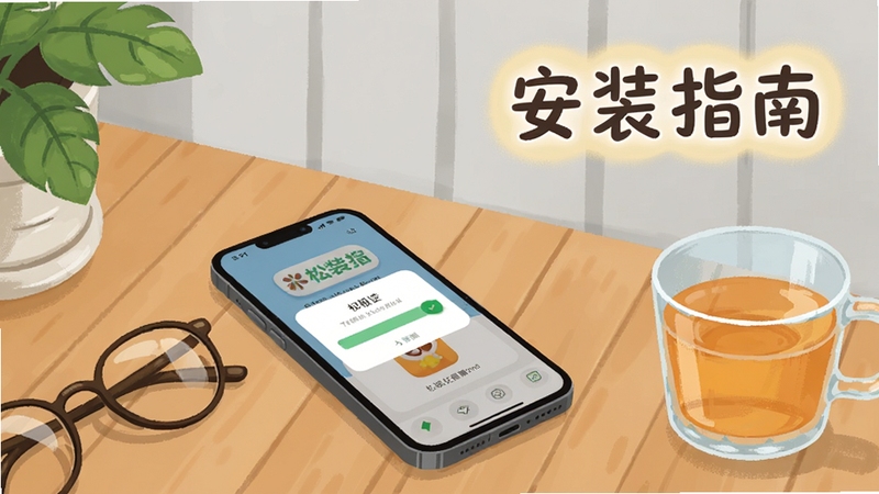 画面展示一部手机放置在木质桌面上,手机屏幕显示松果宝宝应用的安装进度条与权限设置弹窗界面,屏幕旁放置一副眼镜与一杯温水,营造日常使用场景;背景区域为浅灰色墙面与绿植局部,画面右上角以柔和光晕突出「安装指南」装饰字样;整体风格为生活化静物摄影感插画,色调温暖自然