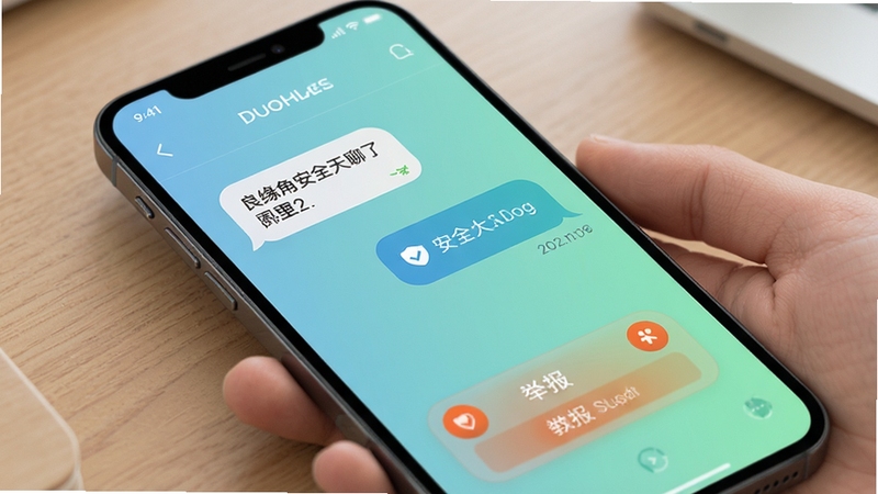 良缘角安全聊天界面展示,手机屏幕呈现对话气泡与举报按钮,背景为柔和的蓝绿色渐变,画面干净利落,体现安全沟通的产品调性