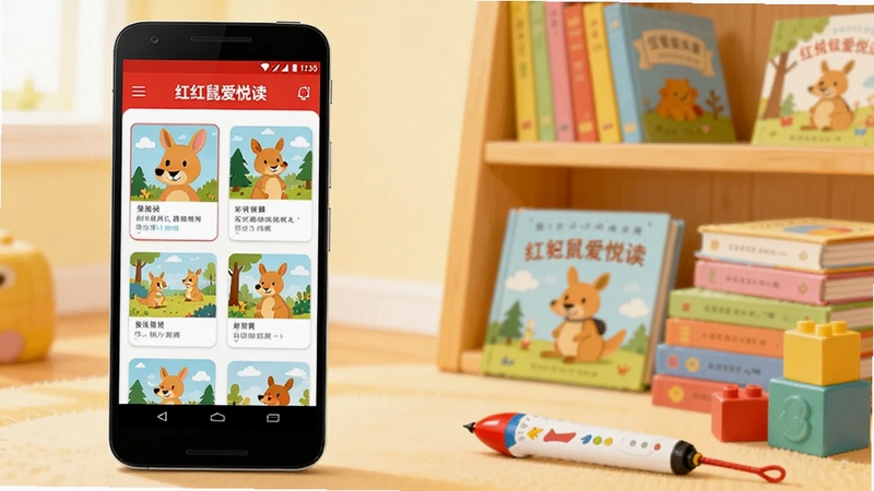 红袋鼠爱悦读软件全貌概览图,画面中央偏左位置放置一台安卓手机,屏幕显示红袋鼠爱悦读首页绘本卡片列表,右侧背景区域为暖色调儿童书架与绘本堆叠,桌面散落点读笔与彩色积木,整体明亮温馨,扁平插画风格,柔光照明,高清细节