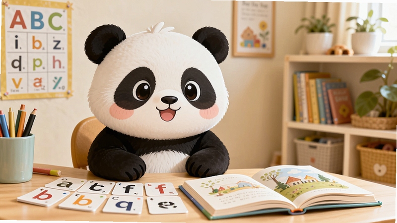 一只可爱的卡通熊猫坐在书桌前,桌面上摊开英语字母卡片与绘本,背景是明亮的儿童学习房间,墙上贴着ABC字母表,画面风格清新温暖,色彩柔和,主体熊猫位于画面中央偏左,右侧留出背景区域展示书架与绿植,整体构图适合软件宣传图