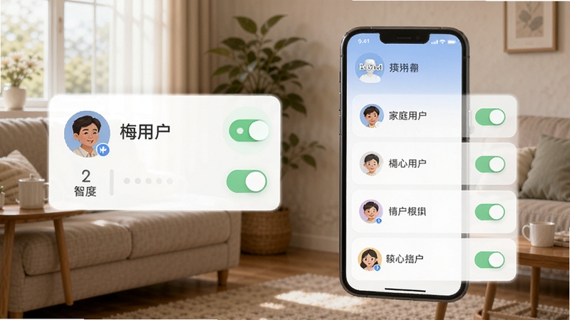 梅花智能app家庭成员权限管理页面,多用户头像与权限开关,简洁卡片式布局,浅色背景,居家场景