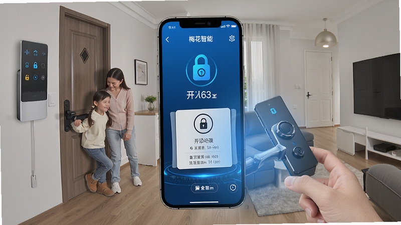 梅花智能app远程门锁管理界面展示,手机屏幕显示门锁状态与开门记录,科技感蓝色调,家庭安全场景,高清细节