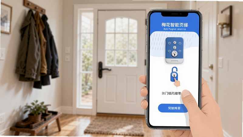 梅花智能app操作引导页面,手机界面展示门锁绑定步骤,简洁扁平化设计,蓝白配色,居家玄关背景