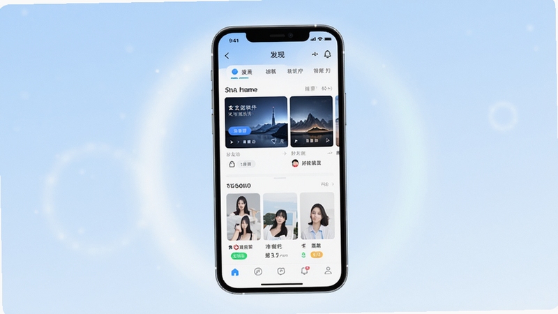 玄遇软件主界面整体全貌展示,画面中央为手机屏幕内清爽的社交应用首页,包含发现频道与好友列表模块,背景为浅蓝渐变与柔和光晕,整体风格现代简洁,适配社交软件宣传图
