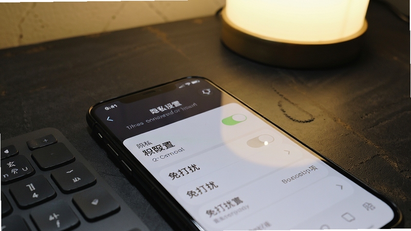 玄遇隐私设置与消息管理界面特写,手机屏幕显示权限开关与免打扰选项列表,背景为深灰质感桌面与柔和台灯光线,体现安全与秩序感