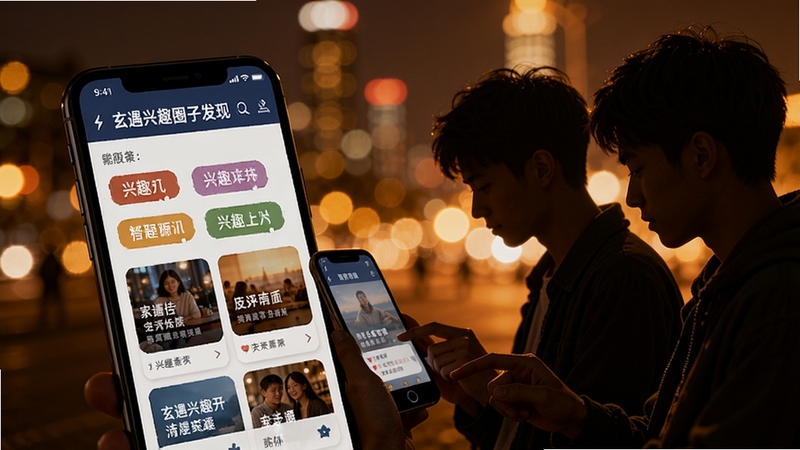 玄遇兴趣圈子发现页面场景,手机屏幕展示多个兴趣标签与话题卡片,画面中有年轻人使用手机浏览的剪影,背景为暖色城市夜景虚化,突出社交发现氛围