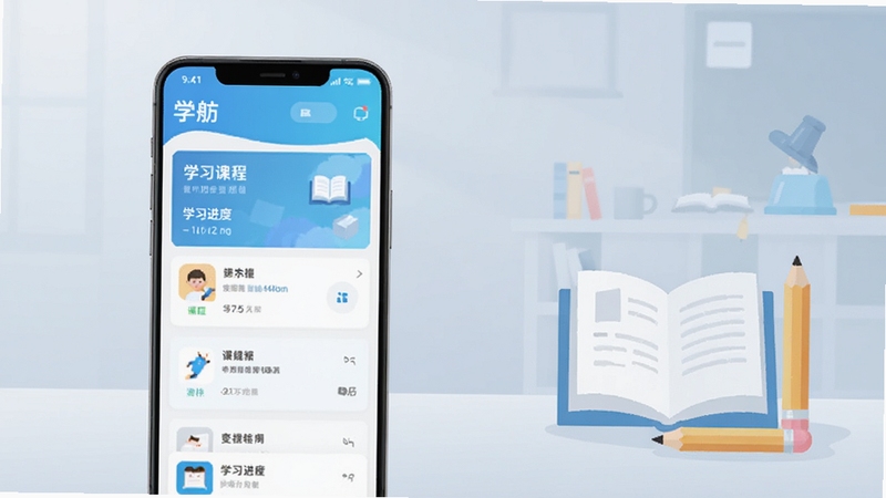 一款名为学舫的安卓学习应用主界面展示,画面中心偏左放置一部竖屏智能手机,屏幕内呈现清爽的课程列表与学习进度卡片,背景为浅蓝灰色渐变的教学空间,右侧点缀书本与铅笔的扁平化插画元素,整体风格简洁明亮,适合应用商店展示图