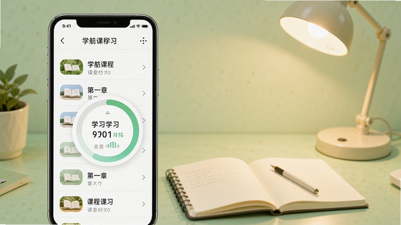 学舫课程学习界面示意图,画面主体为手机屏幕中显示的课程章节列表与环形学习进度条,背景为淡绿色书桌场景,桌面上摆放笔记本与台灯,整体色调温暖柔和,突出学习进度管理的功能特点