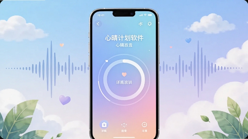 整体画面以心晴计划软件为核心,居中展示一部智能手机屏幕,屏幕上呈现柔和渐变色的心理放松界面与呼吸训练圆环动效,背景区域为浅蓝到淡紫的渐变天空与轻盈云朵,四周点缀抽象的声波线条与绿叶元素,整体风格清新宁静,适配Boogu模型生成