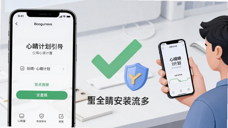 心晴计划安装引导示意图,画面左侧为手机设置权限界面截图风格插画,右侧为手持手机的用户形象,背景为简洁的浅灰色工作台,画面中央有醒目的对勾与盾牌图标,强调安全安装流程,适配Boogu模型生成