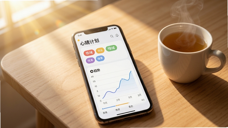 心晴计划情绪记录页面展示,手机屏幕呈现彩色情绪标签与折线趋势图,背景为简约木质桌面与一杯热茶,画面左上角有柔和阳光洒落,整体氛围安静舒适,突出数据可视化细节,适配Boogu模型生成