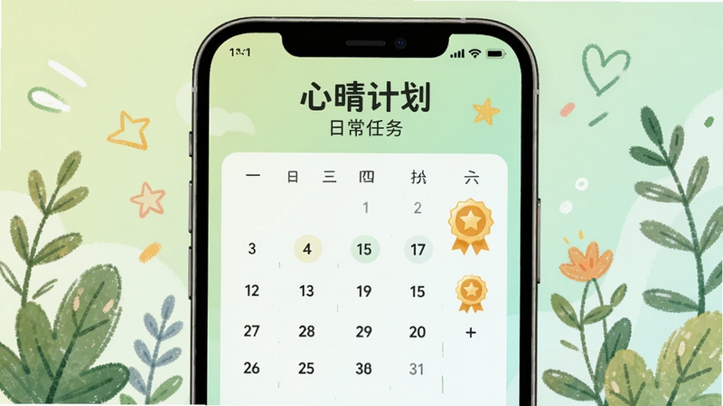心晴计划日常任务页面,手机屏幕显示打卡日历与完成徽章,背景为淡绿色渐变与手绘风格植物插画,画面明亮轻快,突出任务完成后的成就感氛围,适配Boogu模型生成