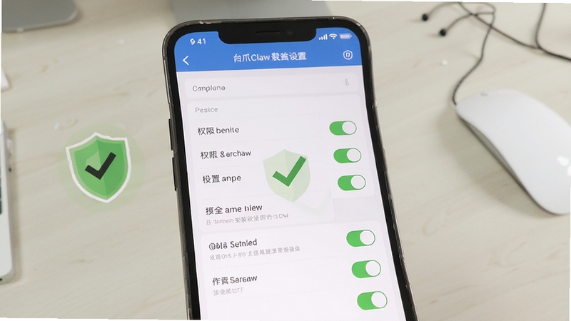 台爪Claw安装设置引导界面,画面主体为手机屏幕显示的权限管理列表与设置开关,背景为简洁的浅色桌面区域,画面中带有对勾与盾牌元素象征安全设置,整体风格清晰明了,适合教程配图
