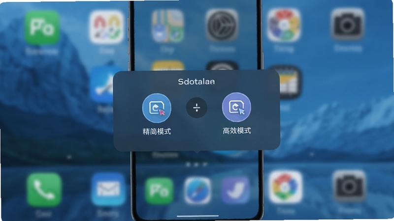 台爪Claw场景化模式切换界面,画面主体为手机屏幕中央的模式选择弹窗,左侧为精简模式图标,右侧为高效模式图标,背景为模糊处理的手机桌面区域,整体色调偏冷蓝,突出科技感与秩序感
