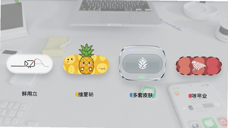 菠萝锁屏应用的多套皮肤展示图,画面中并排陈列着四五个不同风格的锁屏悬浮按钮,有简约线条风、卡通菠萝风、拟物玻璃风等,每个按钮下方配有对应的名称标签,背景为浅灰色桌面,光线明亮均匀,突出产品的可定制特性