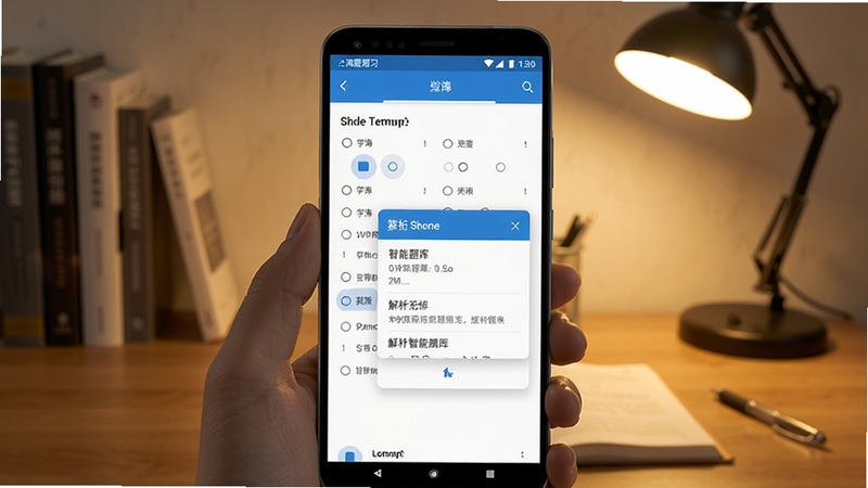 Android手机屏幕展示学海应用智能题库练习界面,页面中有选择题与解析弹窗,背景为书桌与台灯,学习氛围浓厚,UI风格清爽简洁