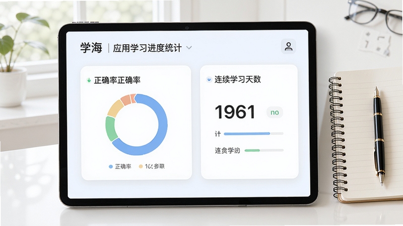 学海应用学习进度统计页面,显示正确率环形图与连续学习天数,界面为浅色卡片风格,旁边放置笔记本与笔,整体明亮整洁