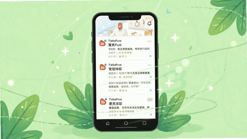 TiebaPure软件界面截图风格插画 展示手机屏幕内贴吧帖子列表干净整洁 没有广告横幅 背景为浅绿色 画面中央手机屏幕明亮 四周点缀绿叶与光点 突出清爽无干扰的浏览氛围