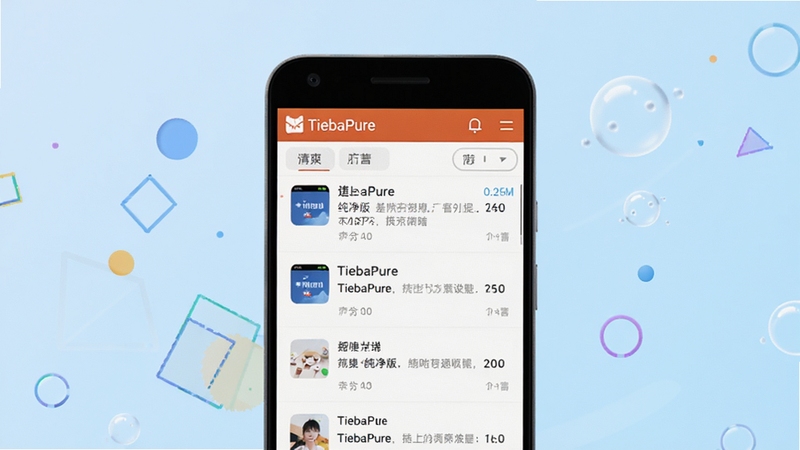 贴吧纯净版TiebaPure 安卓手机屏幕展示清爽无广告的贴吧信息流界面 背景为淡蓝色渐变 手机居中 周围环绕简洁的几何图形与气泡 体现轻快纯净的视觉风格