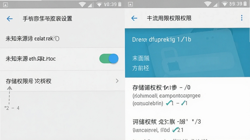 手机应用安装权限设置界面示意图 画面展示安卓手机设置菜单中未知来源安装开关与存储权限授权页面 背景为浅灰色 图标清晰 风格简洁扁平化 便于新手理解操作步骤