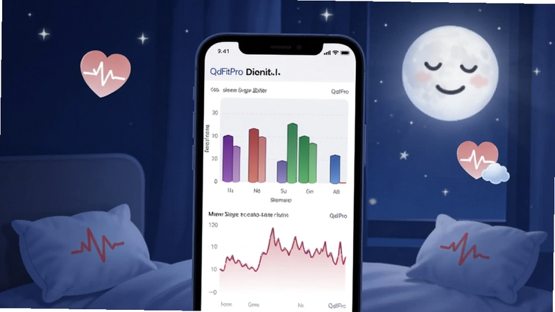 QdFitPro 睡眠与心率监测界面展示,画面中央为手机屏幕中的睡眠阶段柱状图和心率波动曲线,背景为深蓝色夜空与柔和月光,周围有枕头和心率图标点缀,整体氛围安静舒适,适配 Boogu 模型生成
