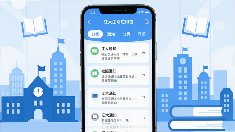 ��������Ӧ����ҳУ԰��Ѷ�ۺϽ��棬�ֻ���Ļչʾ֪ͨ�б�������ǩ��������ɫ��UI��ƣ���ƽ�������Χ����У԰������Ӱ���鱾ͼ�꣬���廭���������