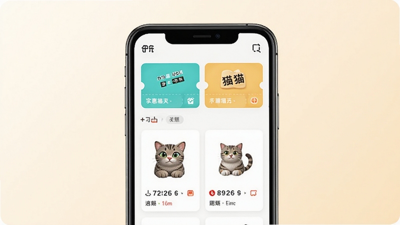 实惠猫应用首页界面展示,手机屏幕居中放置,背景为浅米色渐变,画面干净整洁,屏幕内呈现优惠券卡片与商品列表布局,整体风格清爽明亮,适合应用商店宣传图使用