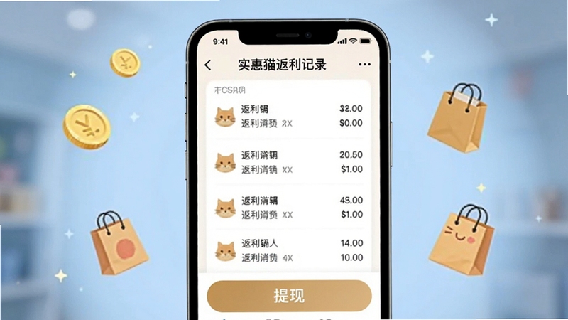 实惠猫返利记录页面示意图,画面中央为手机界面特写,显示返利明细列表与提现按钮,背景为淡蓝色柔和光晕,周围点缀金币与购物袋小图标,整体氛围轻松实惠