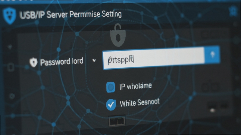 USB/IP 服务器权限设置界面特写,展示密码输入框与IP白名单选项,画面风格为扁平化设计,色调以深灰与亮蓝为主,突出安全管控氛围