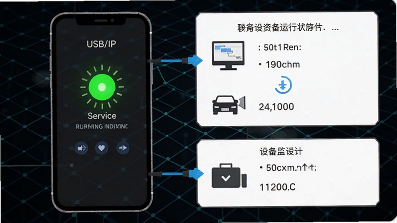 USB/IP 服务器在手机后台运行状态的示意图,画面展示手机屏幕上的服务运行指示灯与连接设备数量统计,背景为深色科技网格纹理,强调稳定运行与监控管理