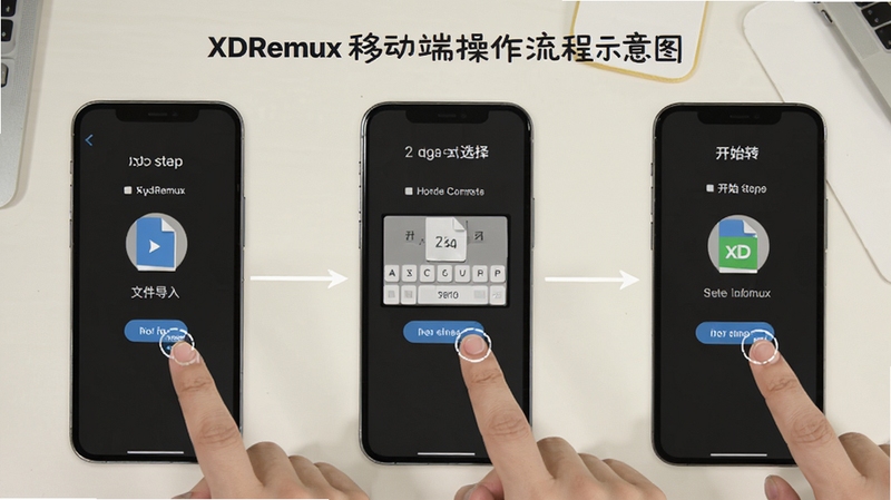 XDRemux �ƶ��˲�������ʾ��ͼ���ֻ���Ļ��չʾ�ļ����롢��ʽѡ�񡢿�ʼת������������棬��ָ�������������Ϊ���ǳɫ���滷������������ֱ�ۣ����������Ѻ���������