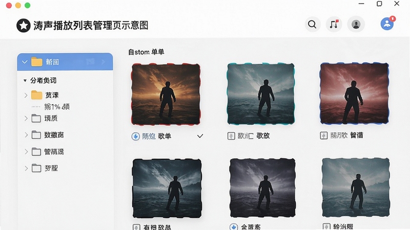 涛声播放列表管理页面示意图,展示分类文件夹与自定义歌单的界面布局