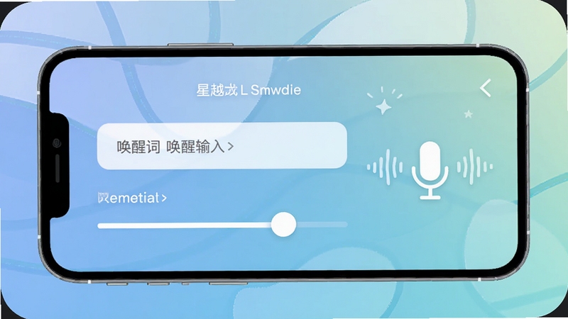 星越L银河助手语音设置引导页面手机截图风格插画,界面显示唤醒词输入框与灵敏度滑块,旁边有麦克风图标和声波纹理,柔和渐变背景,扁平化设计