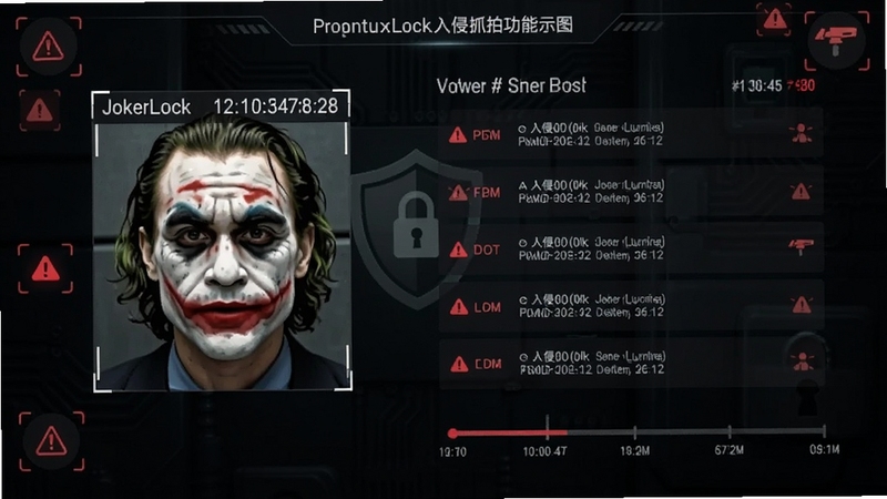 JokerLock入侵抓拍功能示意图,手机前置摄像头视角画面中显示一张带时间戳的人脸抓拍缩略图,旁边排列着入侵记录列表与时间轴,背景为暗色调安全防护主题,点缀红色警示小图标,整体风格偏向安防监控类界面设计