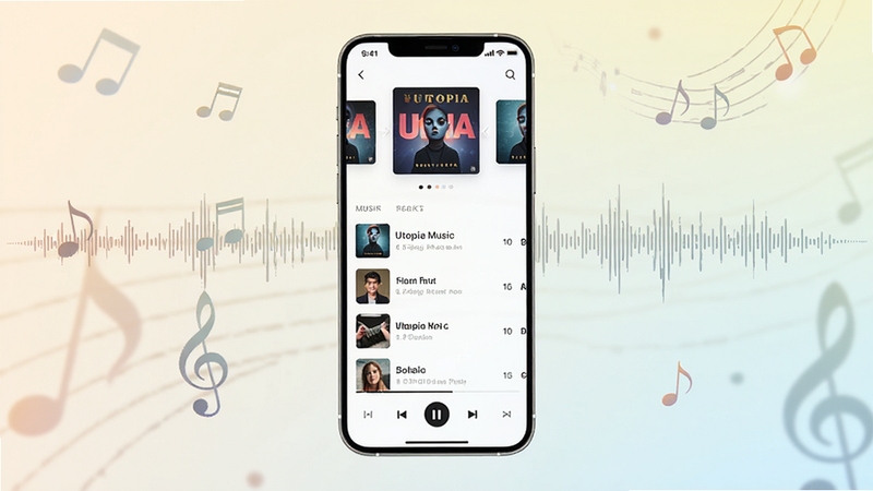 Utopia Music Ӧ��������ȫò����������չʾ�ֻ���Ļ�����ֲ��������棬����Ϊר�������ֲ����в�Ϊ�����б����ײ�Ϊ���ſ�����������Ϊǳɫ���䣬���ܵ�׺����������Ԫ�أ����������ִ�������Booguģ������