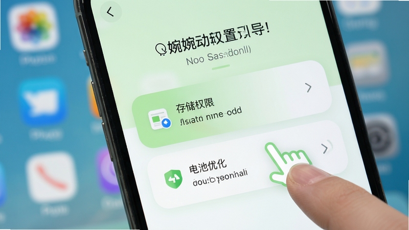 手机屏幕特写,显示婉婉动听的权限设置引导页面,画面中有存储权限与电池优化两个选项卡片,配色为浅绿与白色,旁边有手指点击的示意动作,背景为虚化的桌面图标,整体风格清爽直观,突出上手设置的操作感