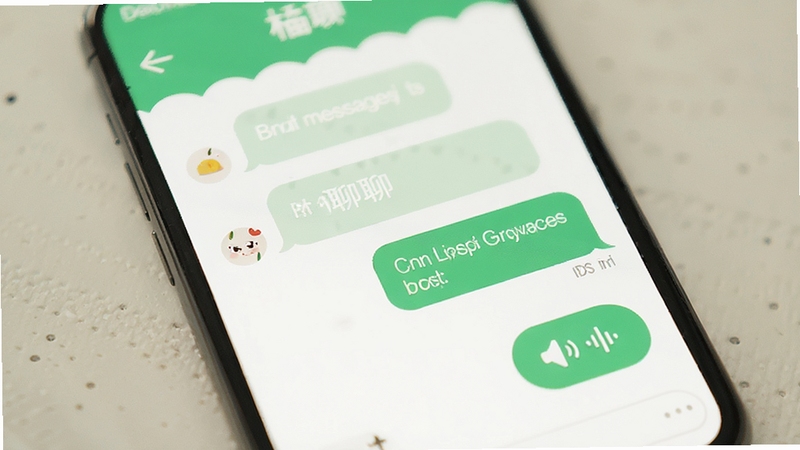柚聊聊天界面手机屏幕展示即时消息对话气泡与语音按钮,清新绿色调,扁平化UI设计,柔和光影,高清细节