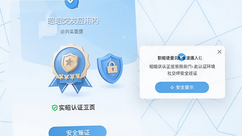 昭昭交友应用内实名认证页面与安全提示弹窗,画面以浅蓝与白色为主,界面中央显示认证徽章图标,旁边有盾牌形状的安全标识,背景为简洁的几何线条,整体传达可信赖的社交环境