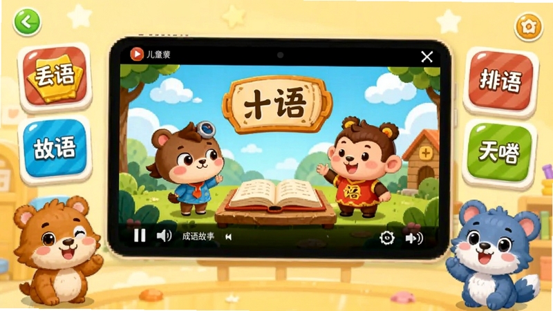 儿童动画成语故事软件主界面展示,画面中央是卡通风格的成语故事动画播放窗口,周围环绕着色彩鲜艳的成语卡片和可爱的卡通动物角色,背景为温暖的浅黄色学习场景,整体风格活泼童趣,适合儿童教育软件宣传图