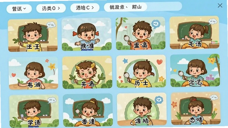 儿童动画成语故事海量动画库界面,画面展示整齐排列的成语动画封面缩略图墙,每张封面配有卡通插画和成语名称,界面顶部有分类筛选标签,背景为清爽的浅蓝色,突出内容丰富和分类清晰的特点