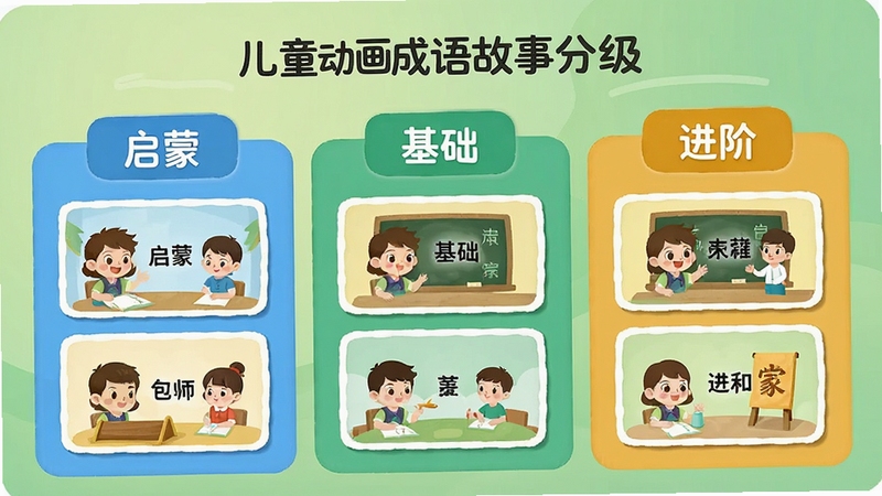 儿童动画成语故事分级界面展示,画面呈现三个色彩分区的内容板块,分别标注启蒙、基础、进阶字样,每个板块内有对应的成语动画卡片,界面设计简洁有序,背景为柔和的渐变绿色,体现科学分级的教育理念