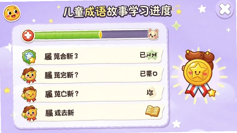 儿童动画成语故事学习进度页面,画面展示带有进度条和已完成标记的成语列表,旁边有卡通小奖章图标表示已掌握的成语,界面风格活泼可爱,背景为淡紫色,突出学习成就感