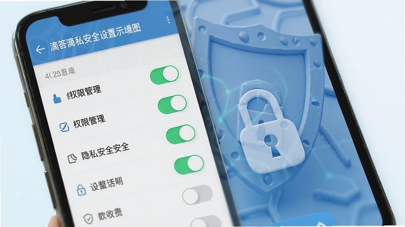 滴答滴隐私安全设置界面示意图,手机屏幕显示权限管理开关列表与加密锁图标,背景为淡蓝色盾牌纹理,传达安全可靠的使用印象