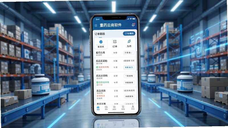 重药云商软件主界面展示,画面中央为手机屏幕显示药品采购列表与订单跟踪模块,背景为现代化医药仓储物流中心,蓝色科技感光效,简洁商务风格,高清细节