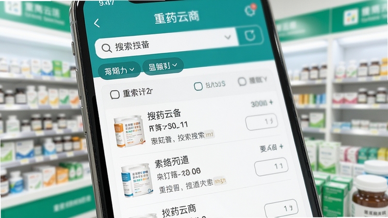 重药云商药品搜索界面特写,手机屏幕上显示多条药品搜索结果与筛选标签,背景为模糊的药店货架,明亮干净的视觉风格,突出搜索便捷性